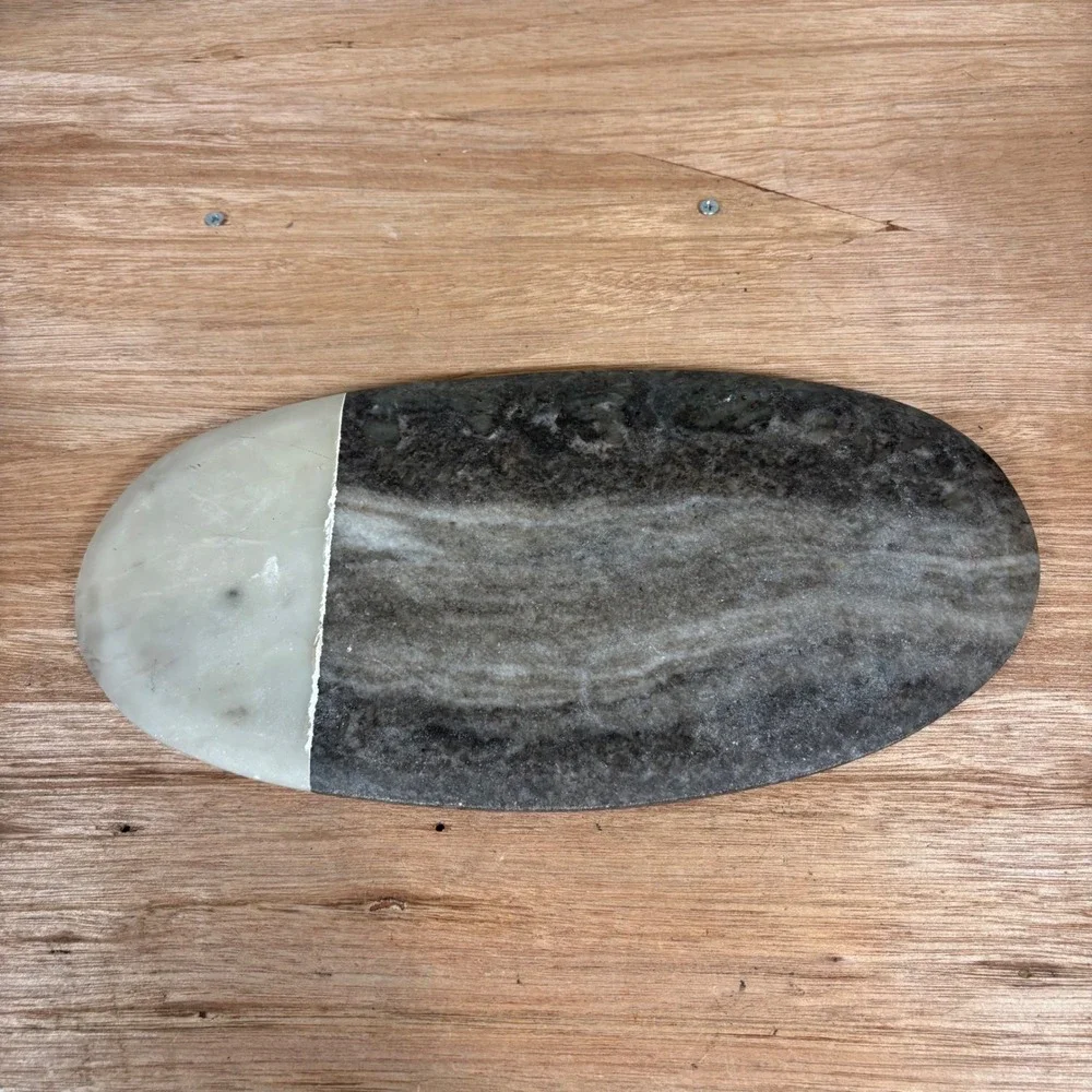 Crate&Barrel 2 Tone Marble Board Small Oval Serving Charcuterie Gray White Stone